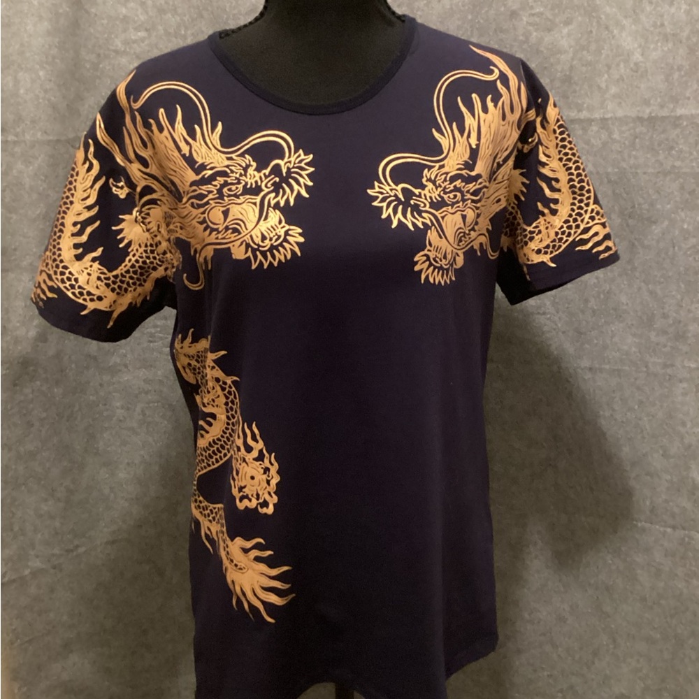 Women's Navy Short Sleeve Tee with Gold Dragon Print. C34